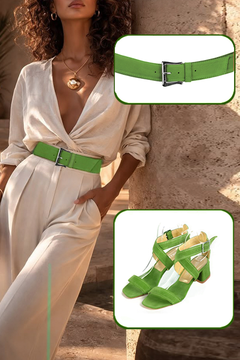 Women's grass green elegant fully open cross straps sandals. Square toe. Low flare heels - Top view